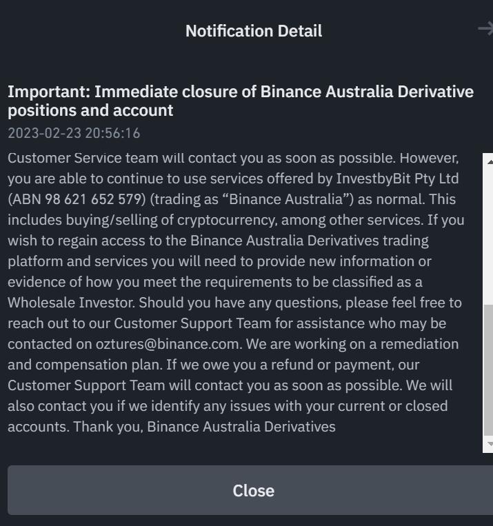 Binance Australia 强制关闭澳大利亚公民的衍生品头寸和账户