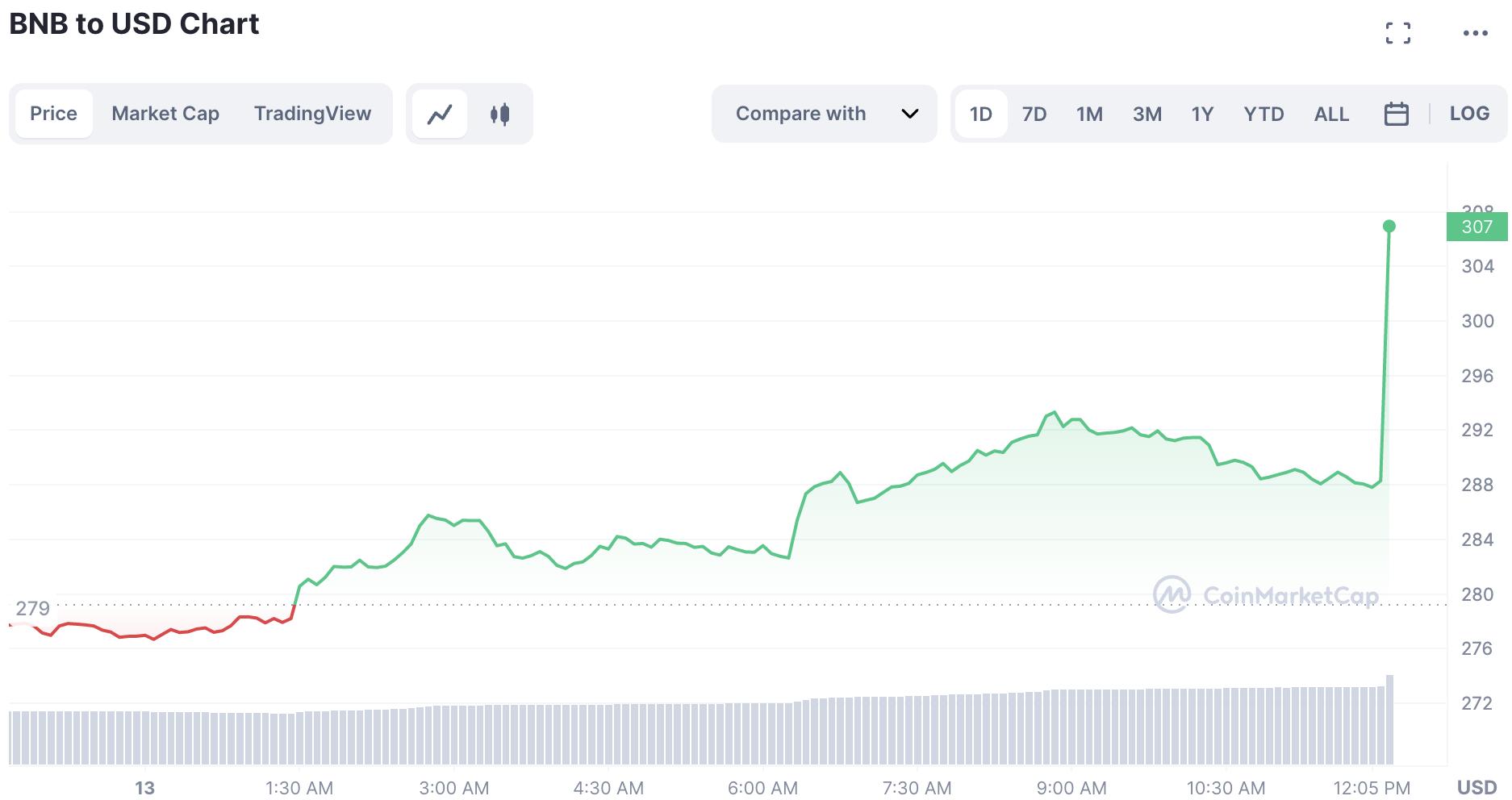 数据：BNB 短时上涨超 9%，现报 306 美元