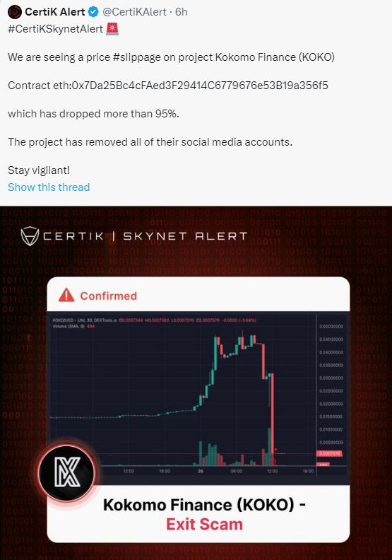 CertiK：Kokomo Finance 发生 Rug Pull，盗取约 400 万美元用户资金