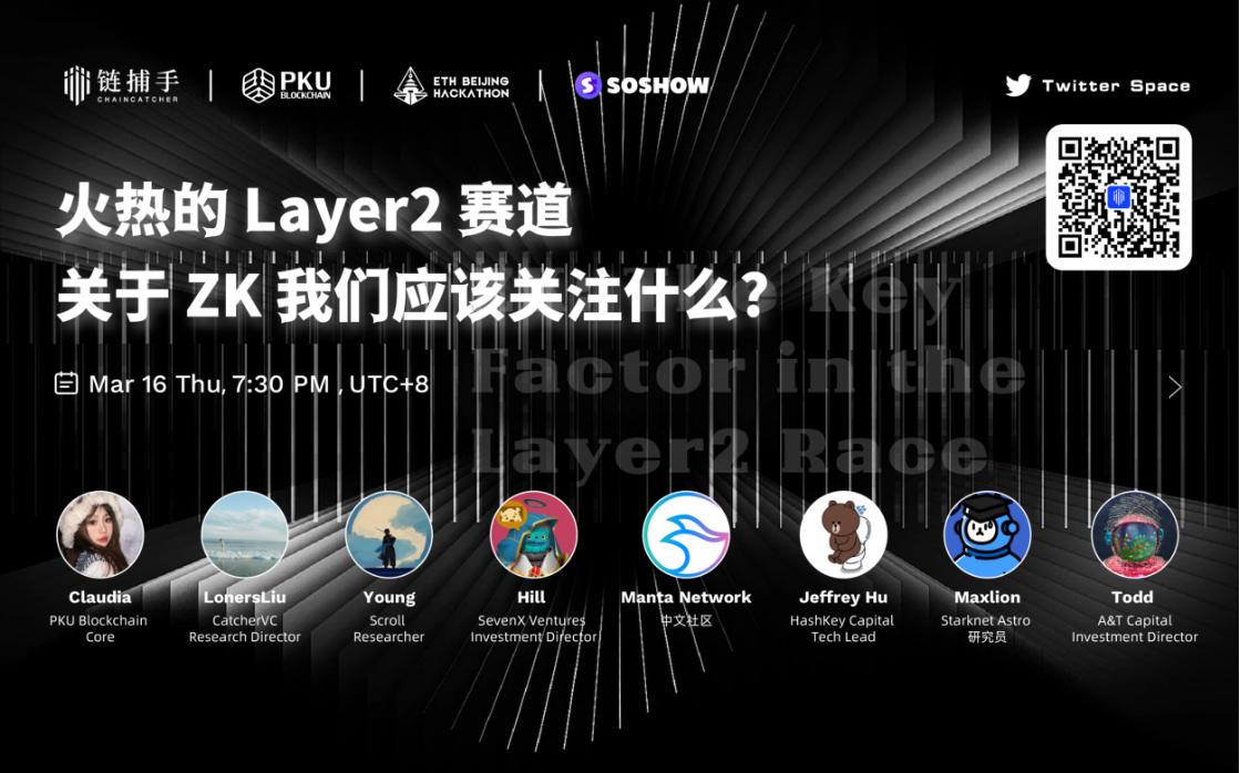 ChainCatcher 联合 PKU Blockchain、ETH Beijing 黑客松、Soshow 将于今日以“火热的 Layer2 赛道，关于 ZK 我们应该关注什么?”为题展开对话分享