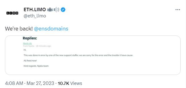 ENS 域名解析服务运行商 ETH.LIMO 现已恢复服务