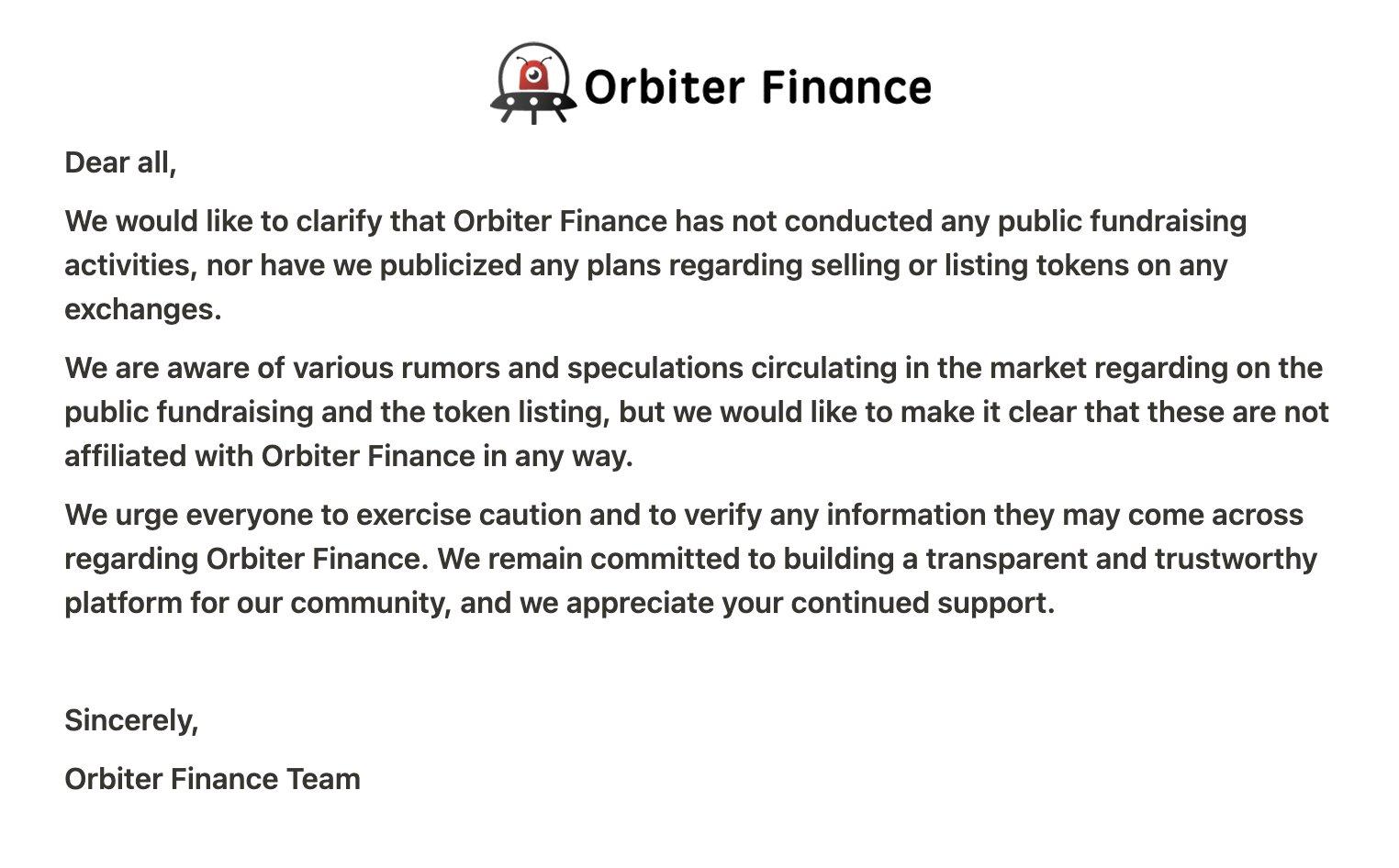 Orbiter Finance：没有进行任何公开募资，也没有公布任何代币计划