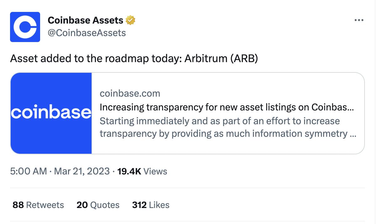 Coinbase 将 Arbitrum（ARB）列入上币路线图