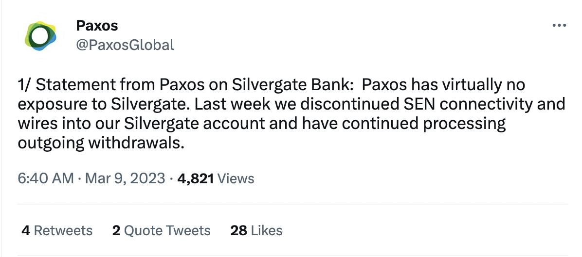 Paxos：上周已停止使用 Silvergate 账户和 SEN 网络