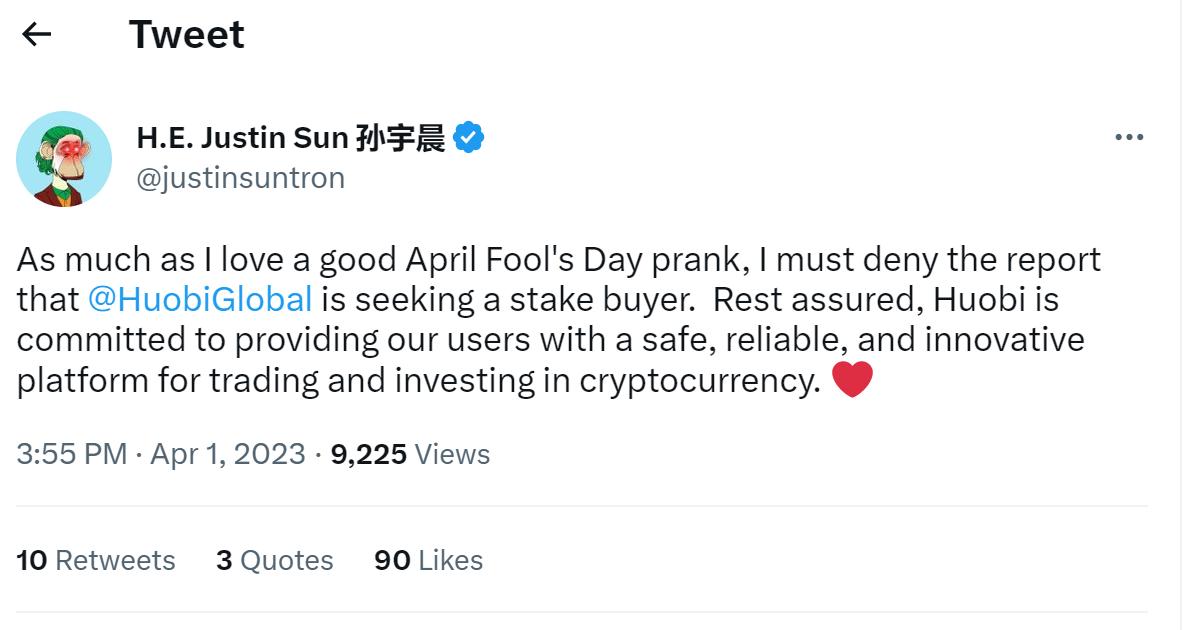 孙宇晨否认彭博社有关 Huobi 正在寻求股权买家的报道