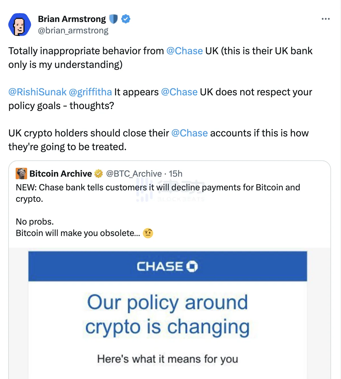 英国大通银行禁止加密交易，Coinbase CEO呼吁英国用户关闭大通账户