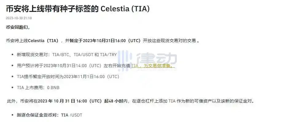 律动早报｜Binance将上线Celestia (TIA)；Starknet将向早期贡献者分配5000万枚STRK代币