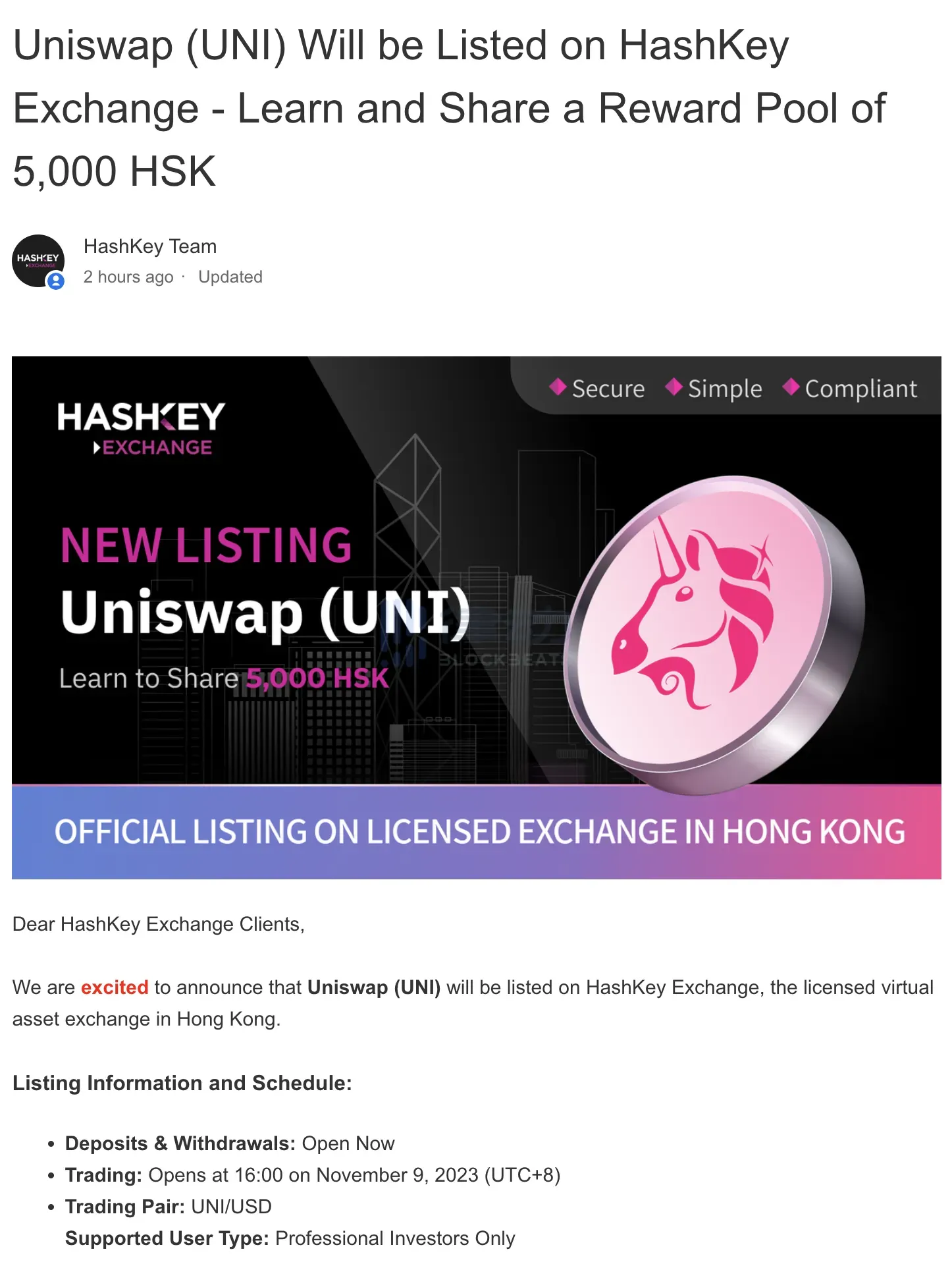 律动晚报｜HashKey将于11月9日面向专业投资者上线UNI；Binance正灰度测试其App内置Web3钱包产品