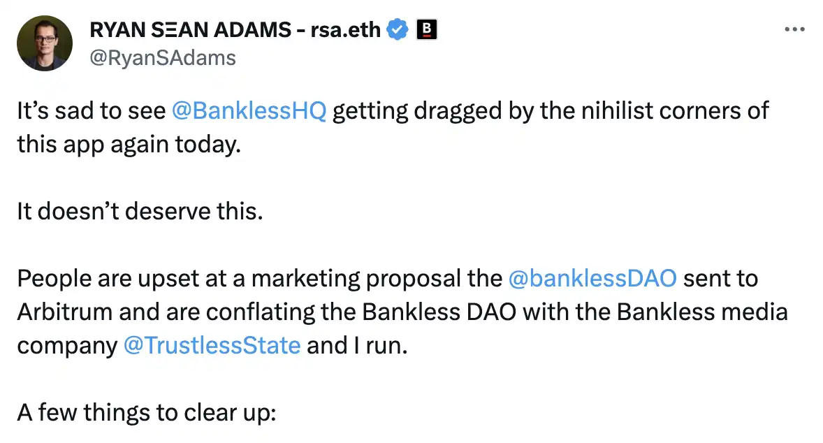 BanklessDAO「要钱提案」引争议，Bankless联创发文撇关系