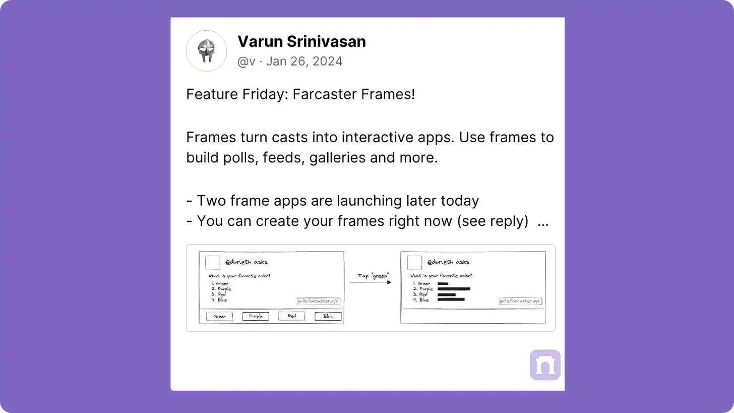 探索Farcaster新功能Frames：激活社交新玩法，将推文变为可交互应用